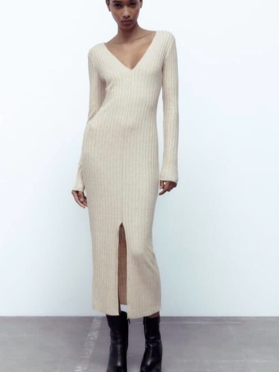 Zara Dresses & Skirts - Zara Cream Ribbed V-Neck Maxi Dress with Front Slit